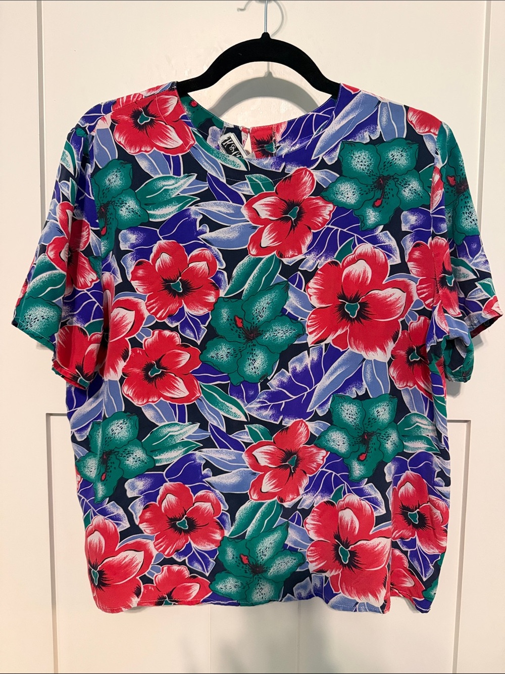 SK & Company Vintage Tropical Floral Short Sleeve Silk Shirt Purple, Red, Green